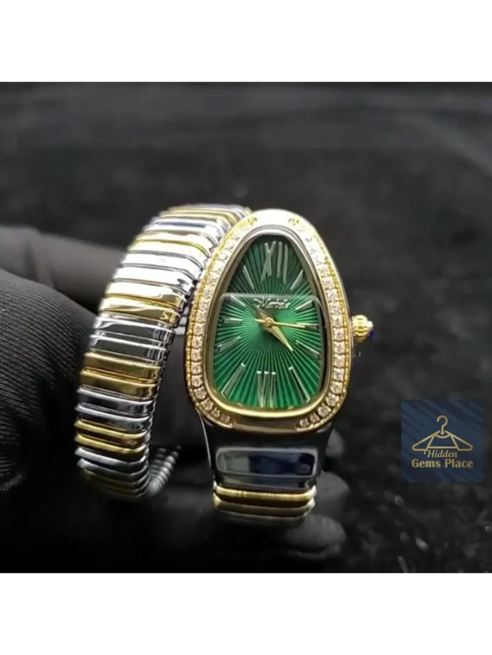 Snake Face Watch Women Teardrop Dial Mother of Pearl Blue Roman Numerals